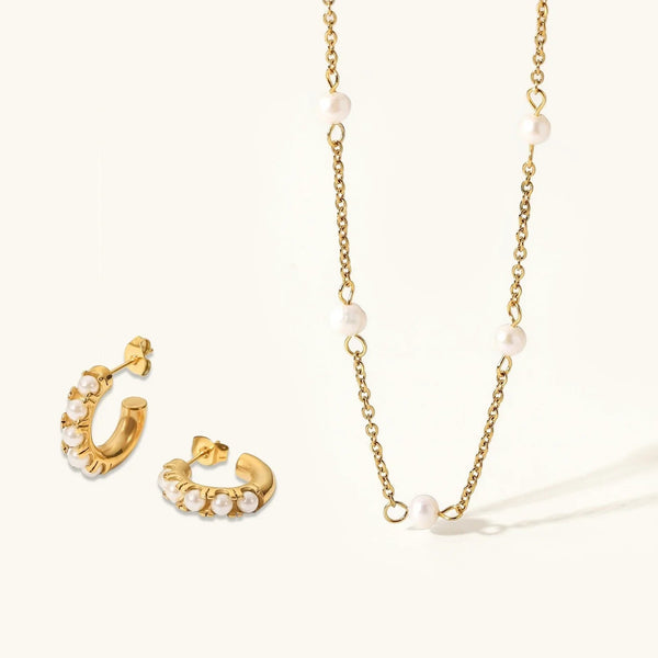 Pearl Huggie Earrings & Necklace Bundle Set