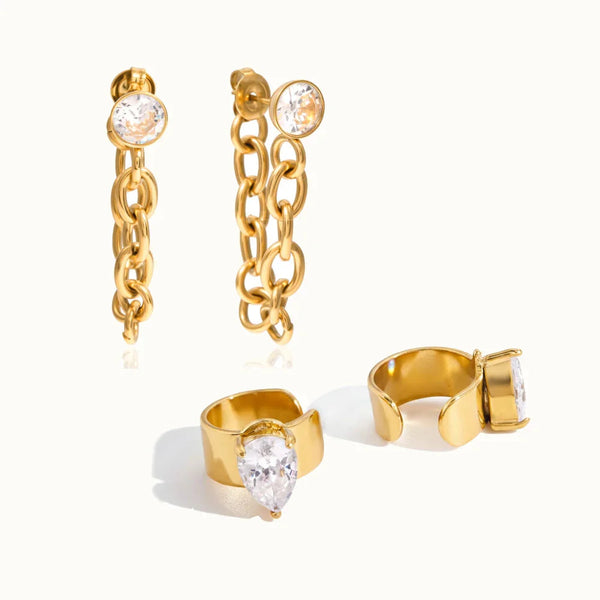 Diamond Drop & Teardrop Cuff Earrings Bundle Set