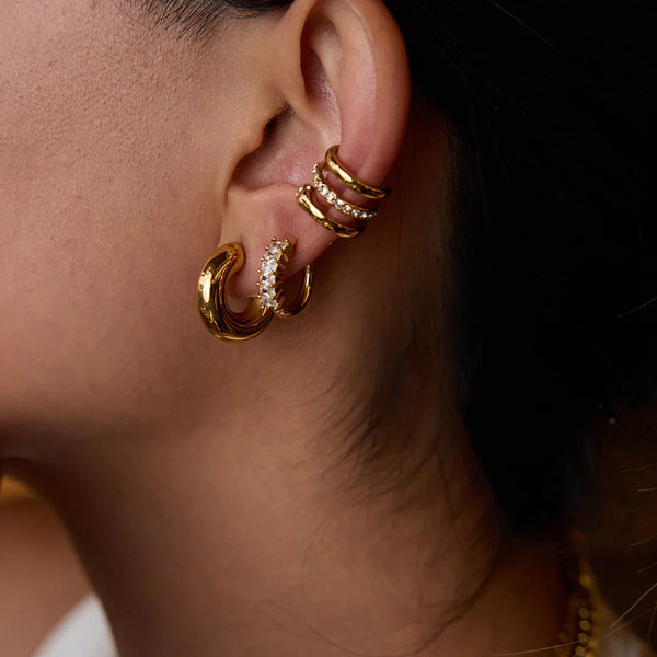Gold Diamond Huggies, Hoops & Herringbone Earrings Bundle Set