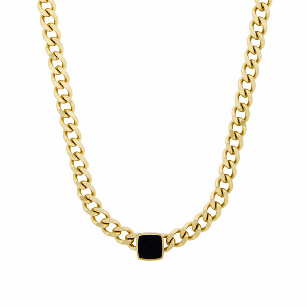 Square Onyx Stone Chain Necklace Gold Plated 18K