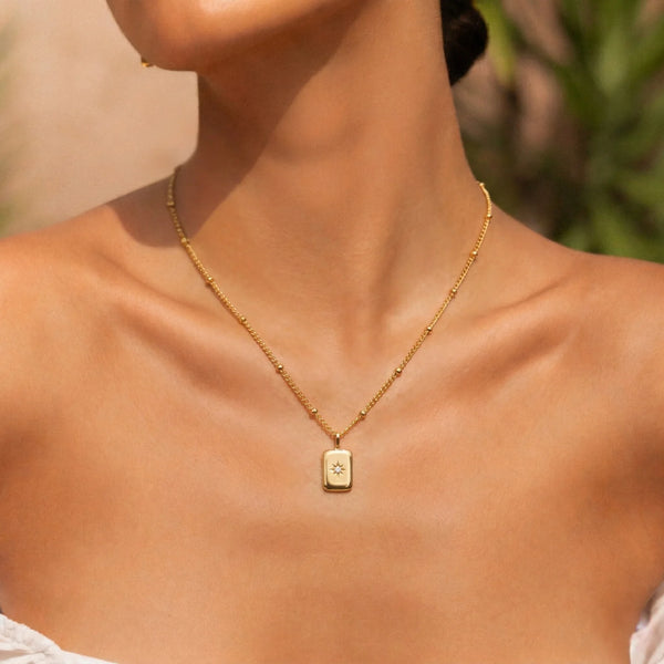 18K Gold Plated North Star Rectangle Tag Pendant Necklace
