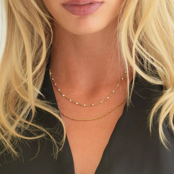 18K Gold Plated White Enamel & Satellite Chain Layered Necklace Set