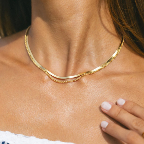 18K Gold Plated Herringbone & Rope Chain Layered Necklace Set
