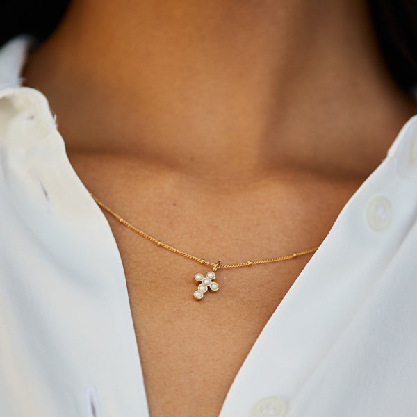 18K Gold Plated Pearl Cross Pendant Necklace