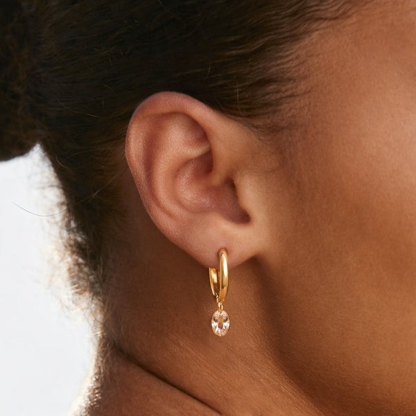 18K Gold Plated Rosé Stone Oval Drop Hoop Earrings