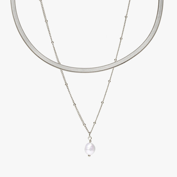 Silver Herringbone Choker & Baroque Pearl Pendant Bundle Set