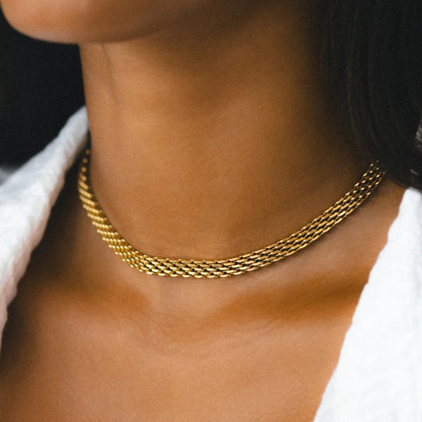 18K Gold Plated Wide Mesh Woven Choker Necklace Waterproof