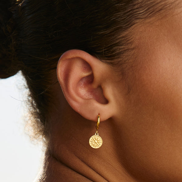 18K Gold Plated Sun Coin Drop Hoop Earrings