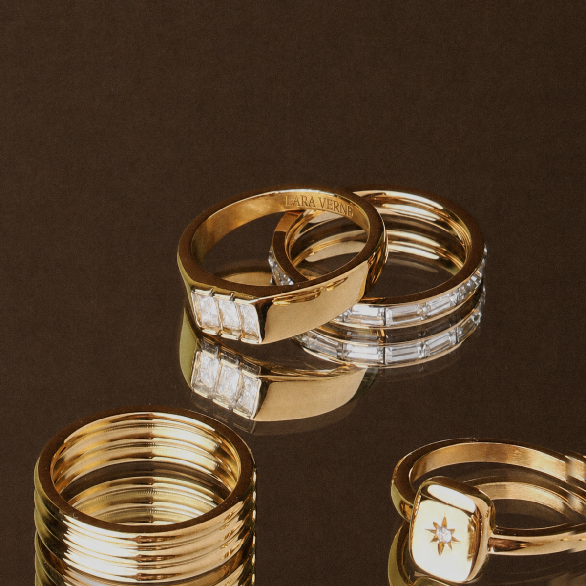 18K Gold Plated Baguette Zircon Signet Ring by Lara Verne