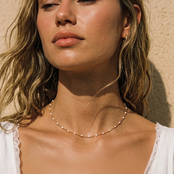 18K Gold Plated White Enamel Beaded Chain Necklace Waterproof