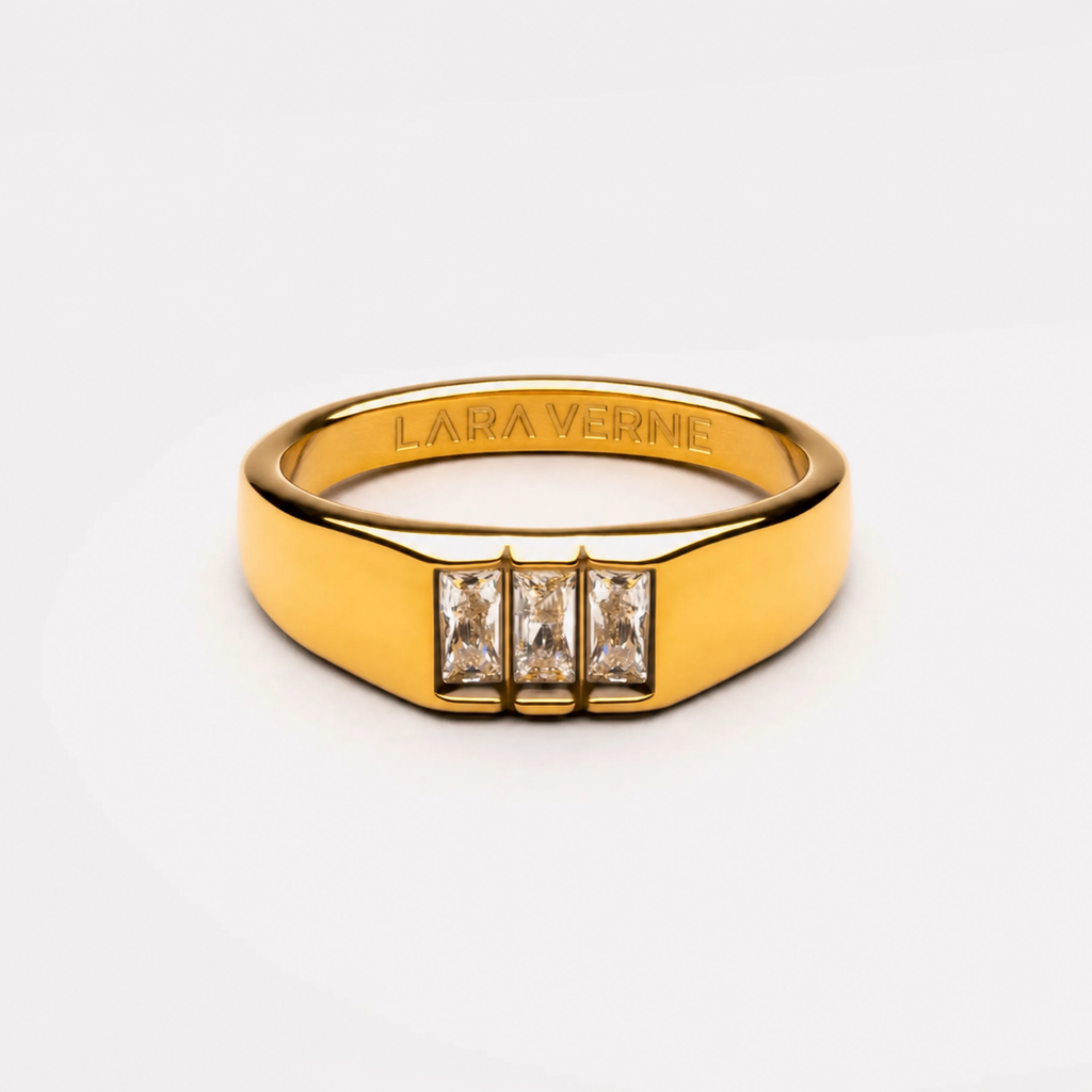18K Gold Plated Baguette Zircon Signet Ring by Lara Verne