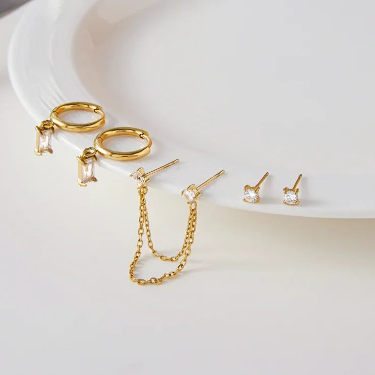 Baguette Drops & Dainty Studs Earrings Bundle Set
