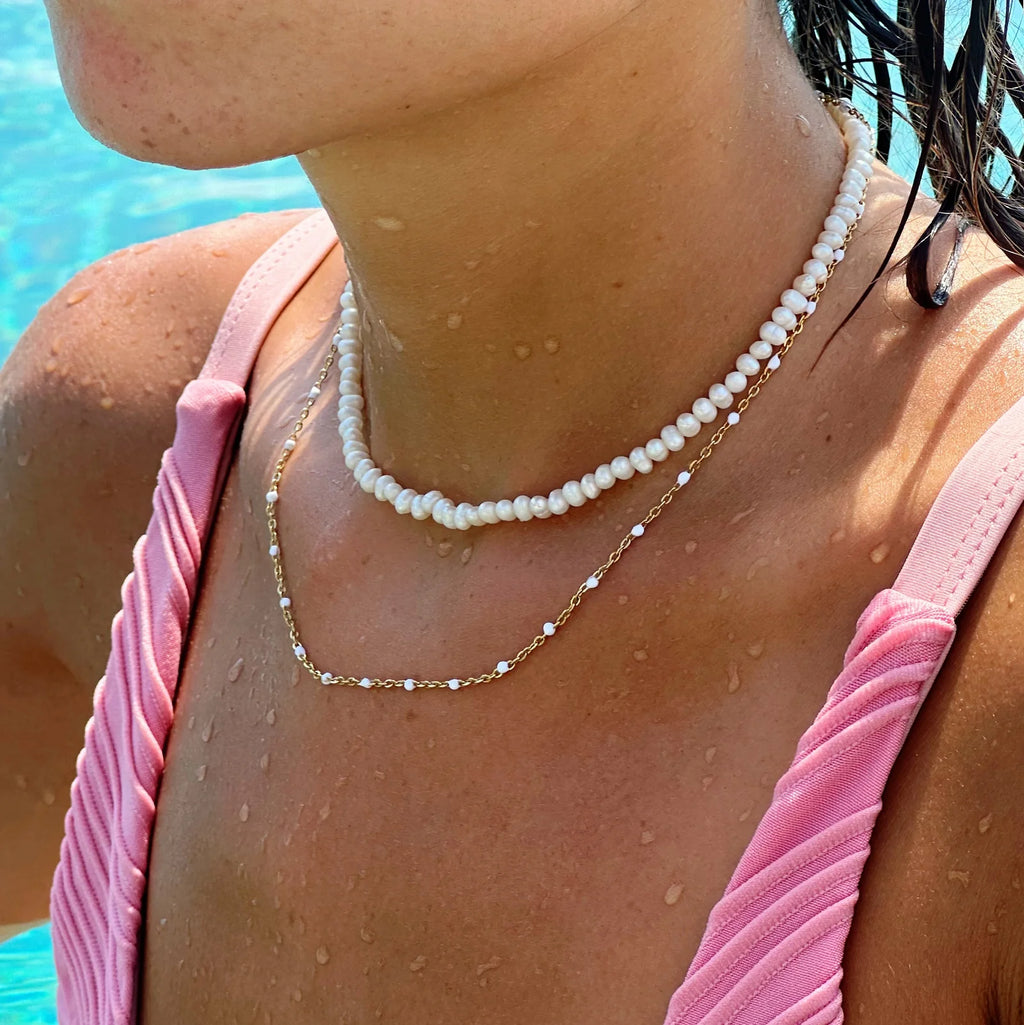 18K Gold Plated White Enamel Beaded Chain Necklace Waterproof