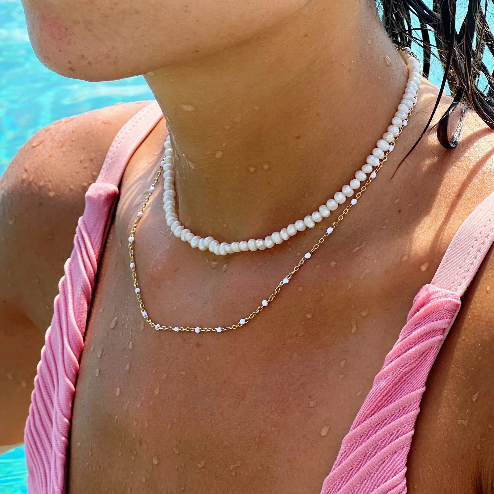 18K Gold Plated White Enamel Beaded Chain Necklace Waterproof