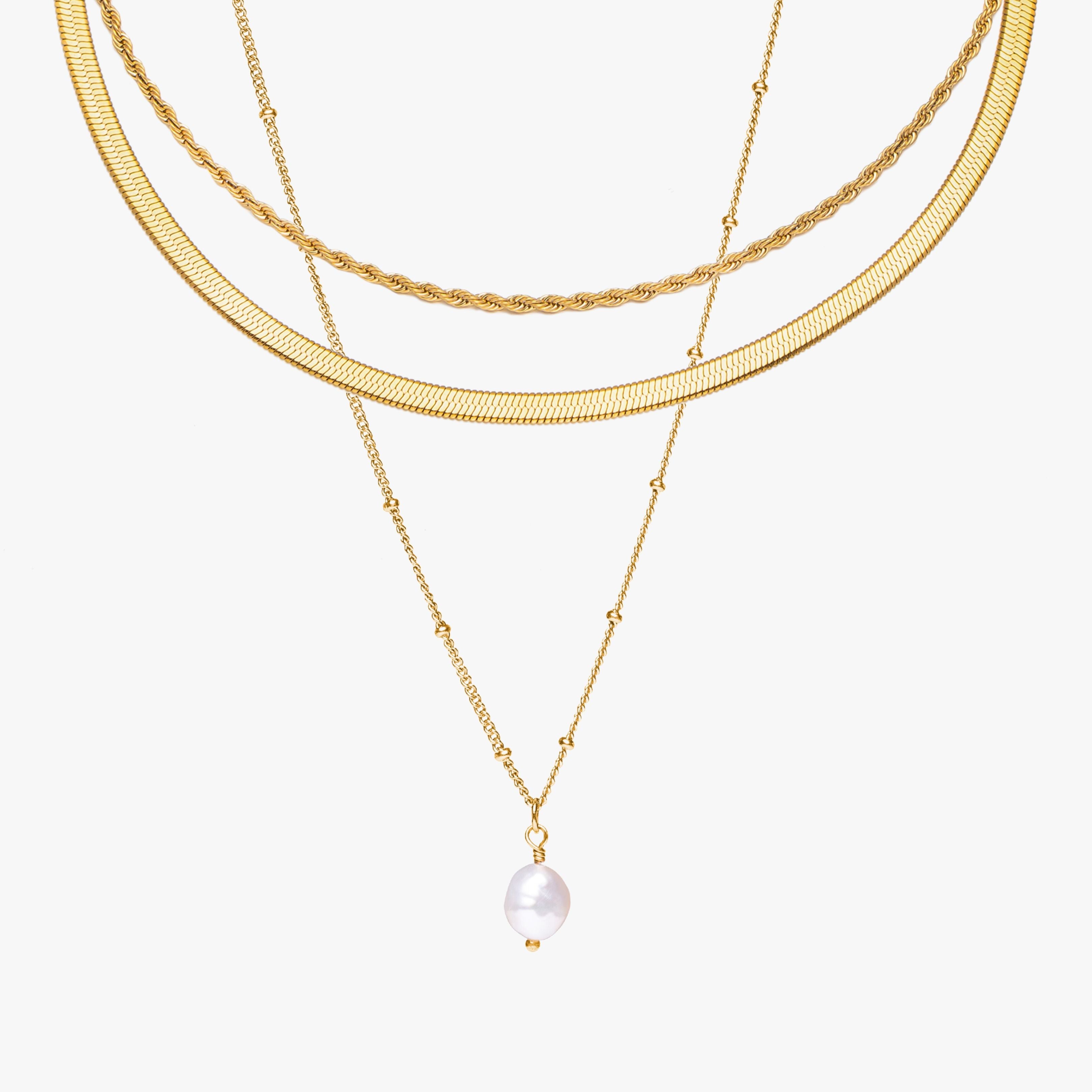 Rope, Herringbone Choker & Baroque Pearl 3-Piece Bundle Set