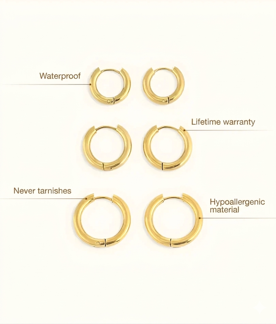 Triple Hoop Earrings Set Gold Plated 18K