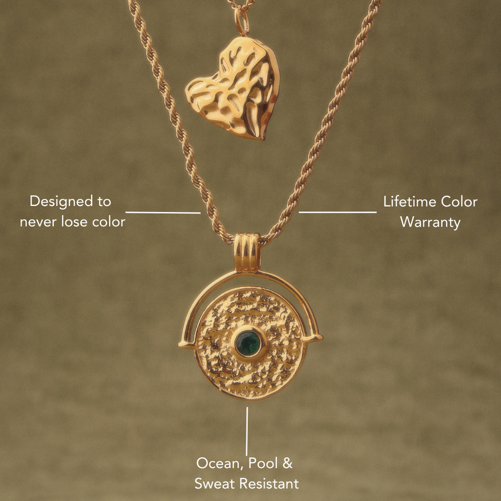 18K Gold Plated Green Stone Coin Pendant Necklace