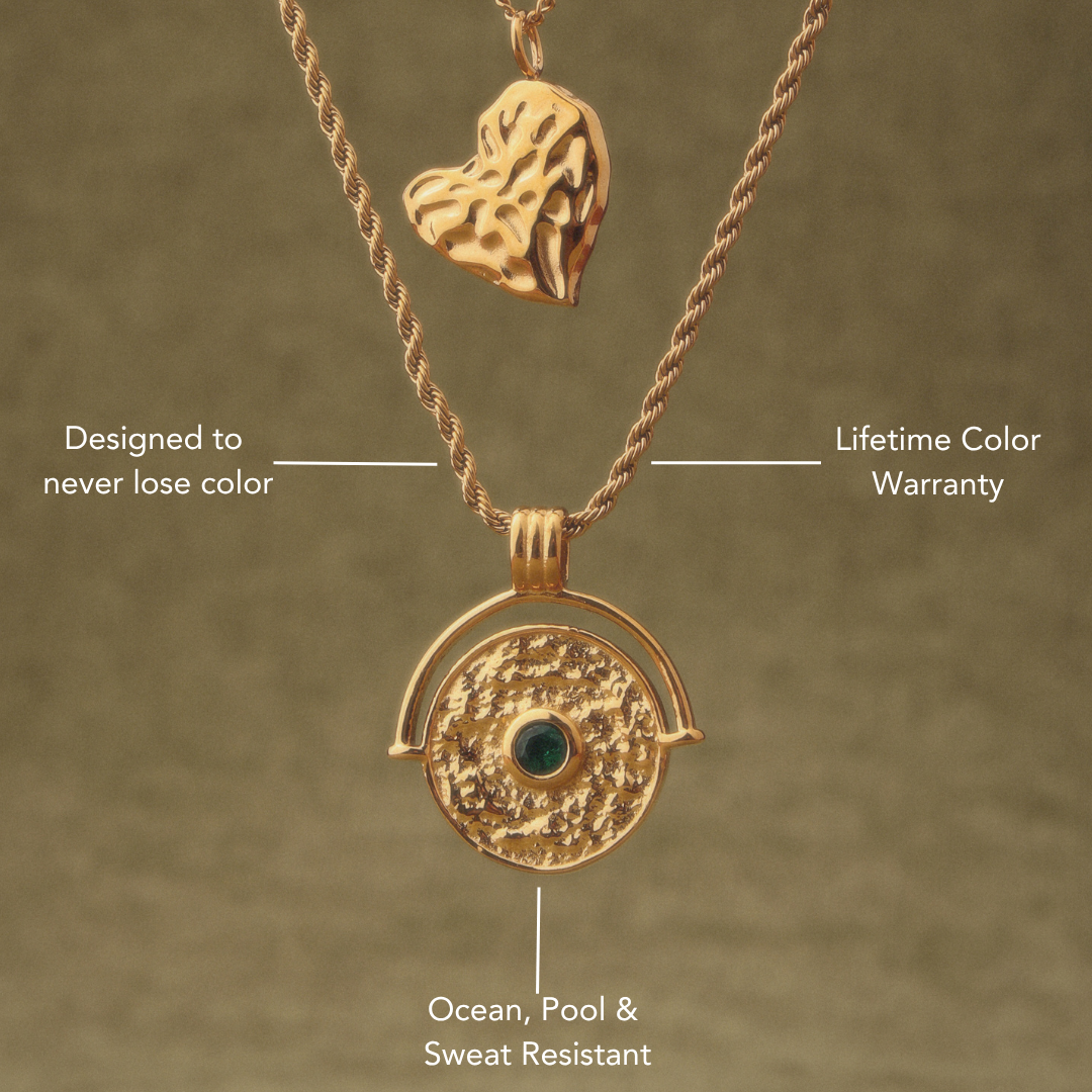 18K Gold Plated Green Stone Coin Pendant Necklace