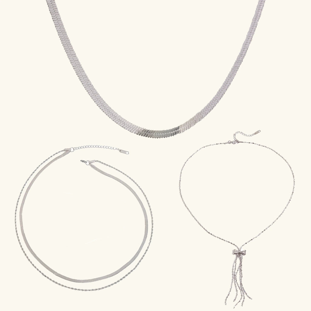 Silver Chain 3-Piece Necklace Bundle Set