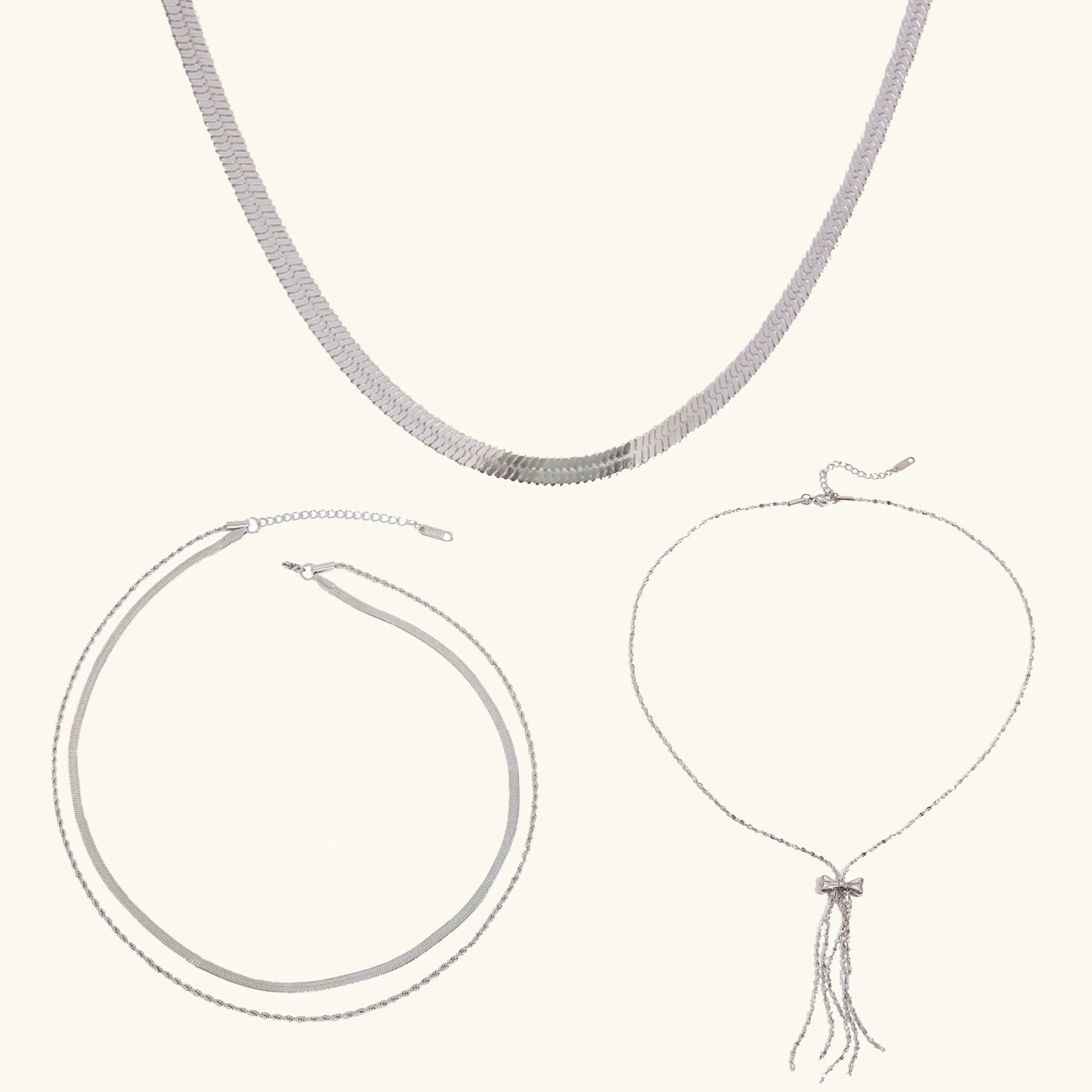 Silver Chain 3-Piece Necklace Bundle Set