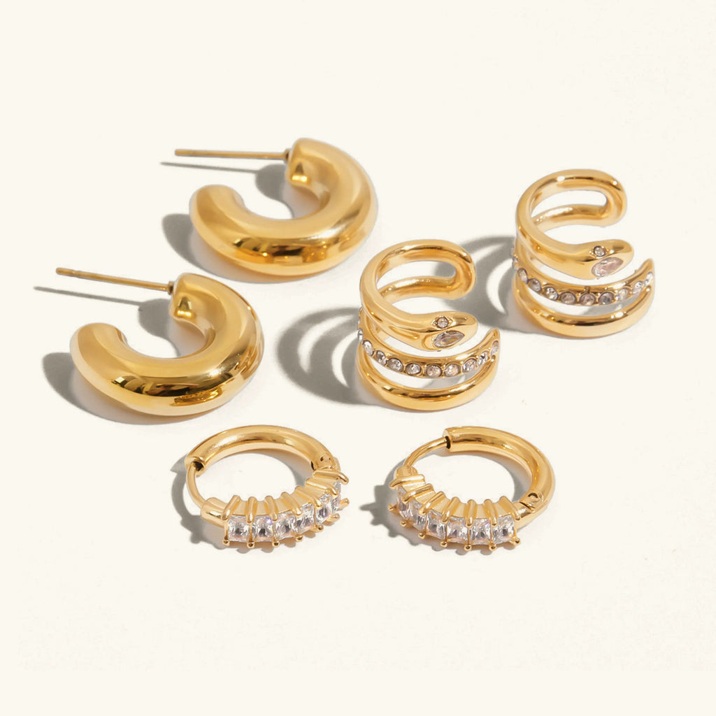 Gold Diamond Huggies, Hoops & Herringbone Earrings Bundle Set