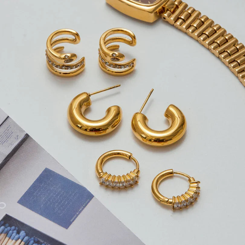 Gold Diamond Huggies, Hoops & Herringbone Earrings Bundle Set