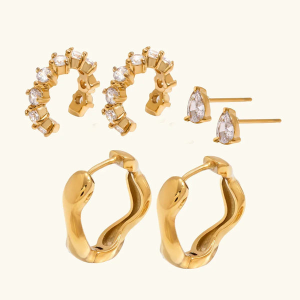 Gold Hoops, Diamond Crawlers & Teardrop Studs Bundle Set