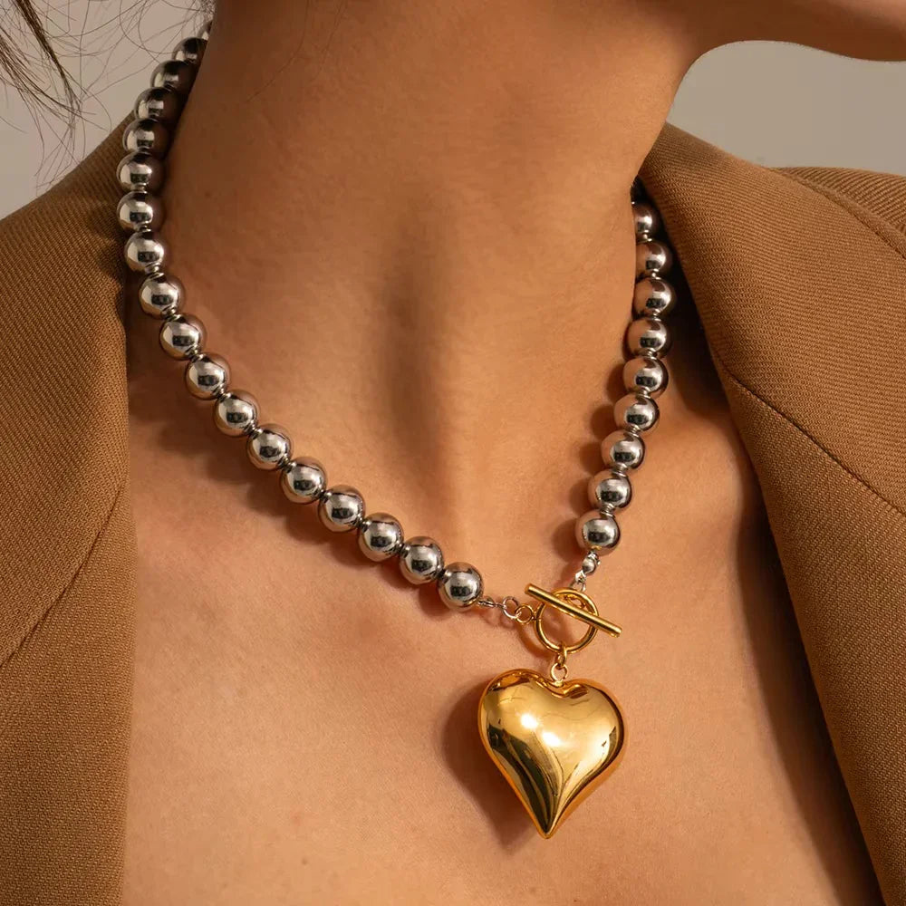 Solène Chunky Bead Heart Pendant Necklace