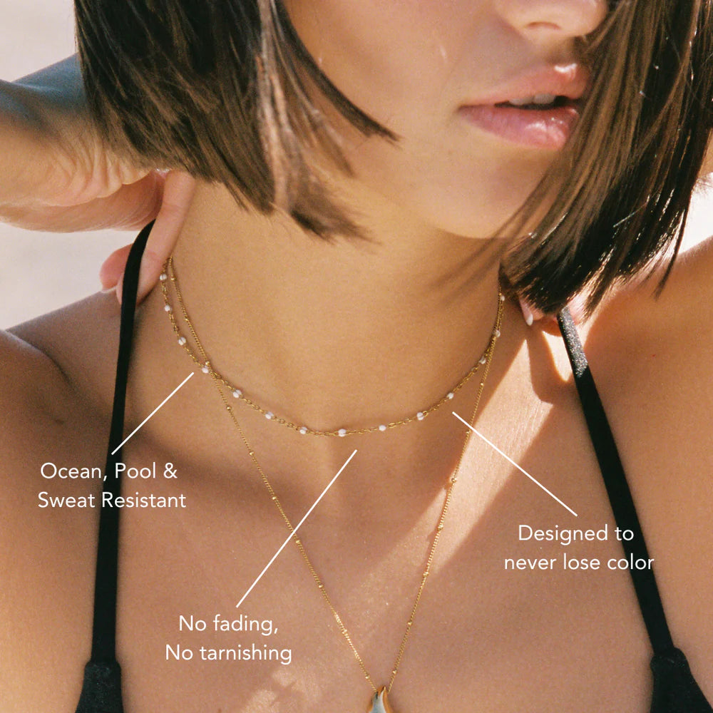 18K Gold Plated White Enamel Beaded Chain Necklace Waterproof