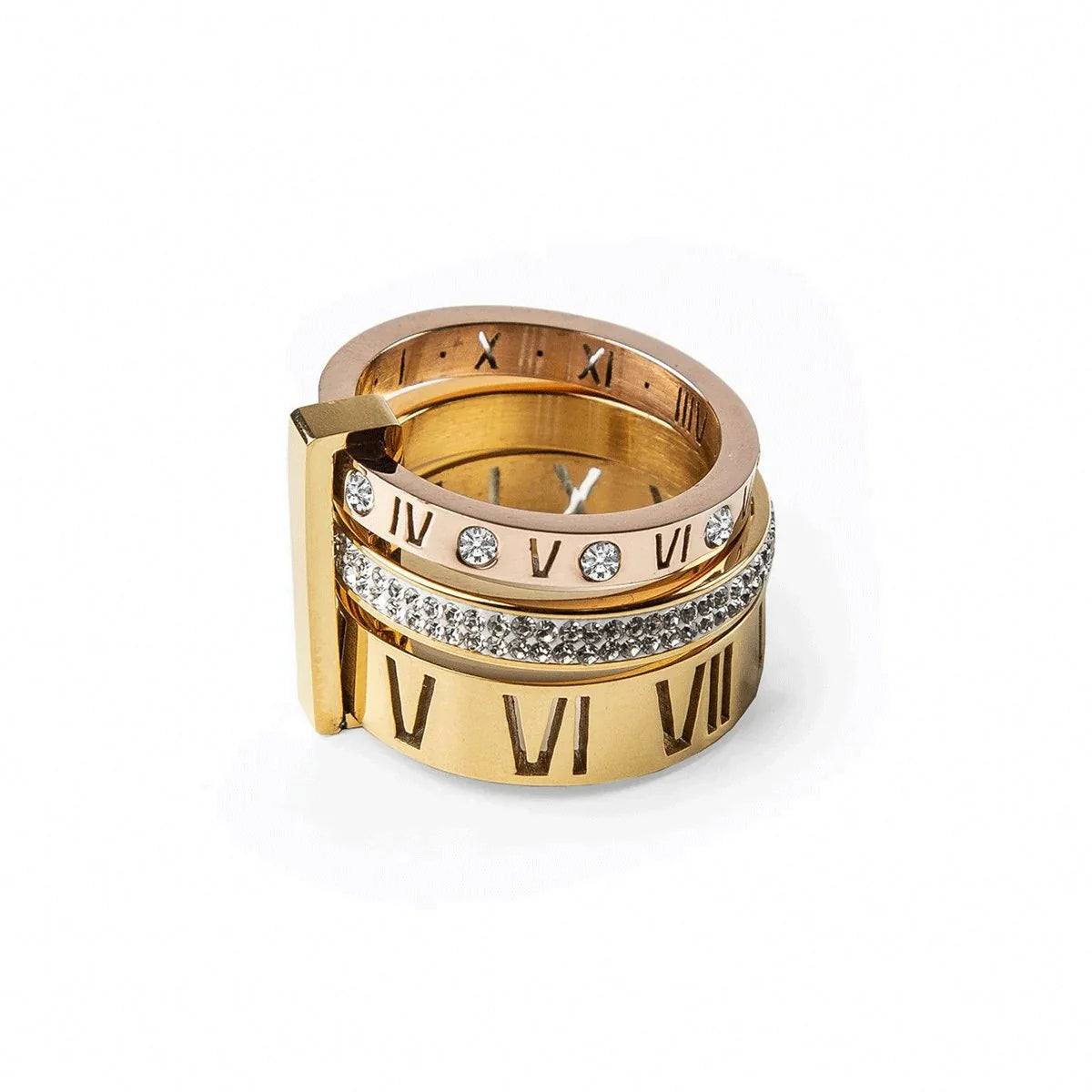 Triple Band Roman Numeral Ring Gold Plated 18K