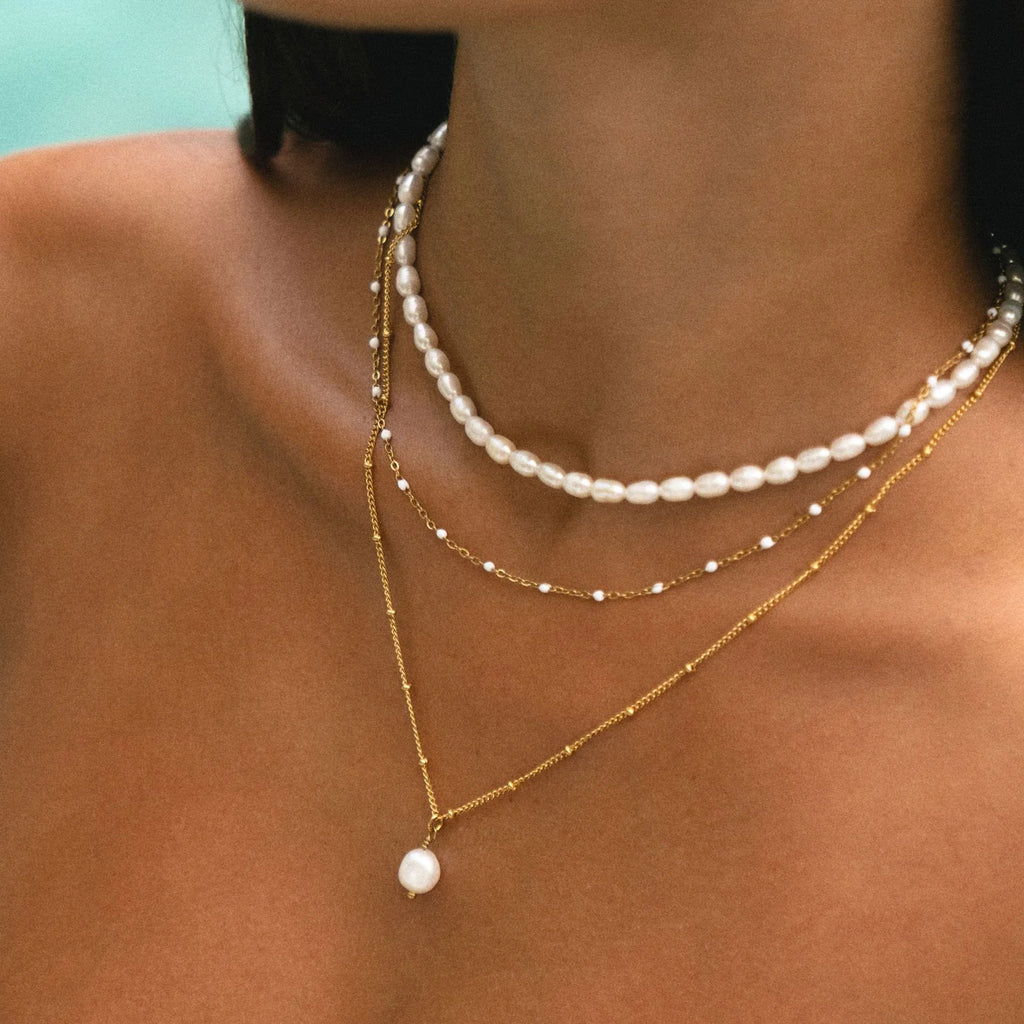 18K Gold Plated White Enamel Beaded Chain Necklace Waterproof