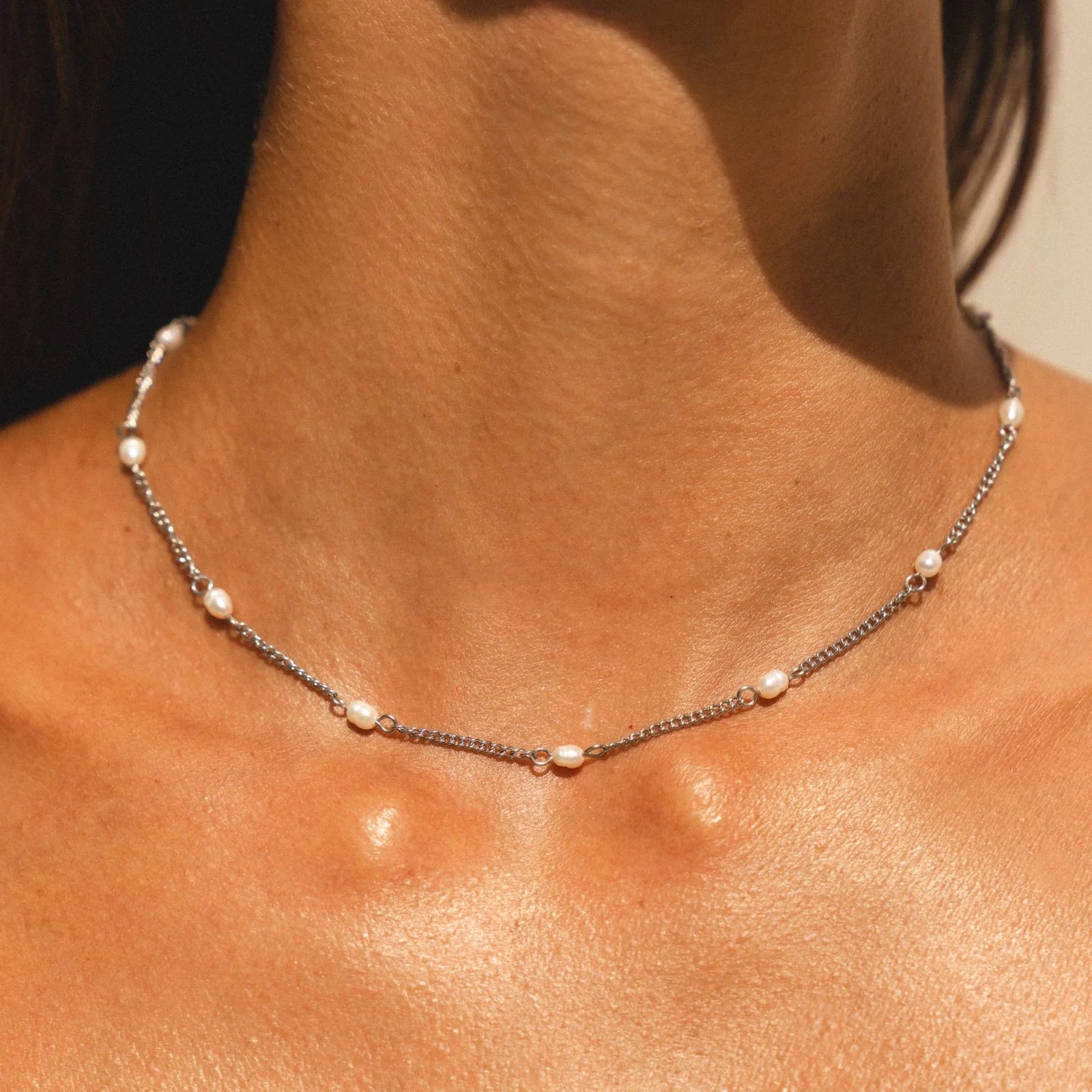 18K Gold Plated Dainty Freshwater Pearl Station Chain Choker