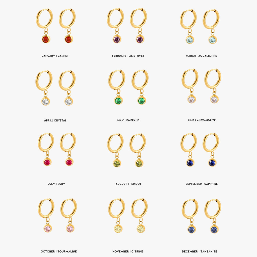 18K Gold Plated Birthstone Charm Huggie Hoop Earrings