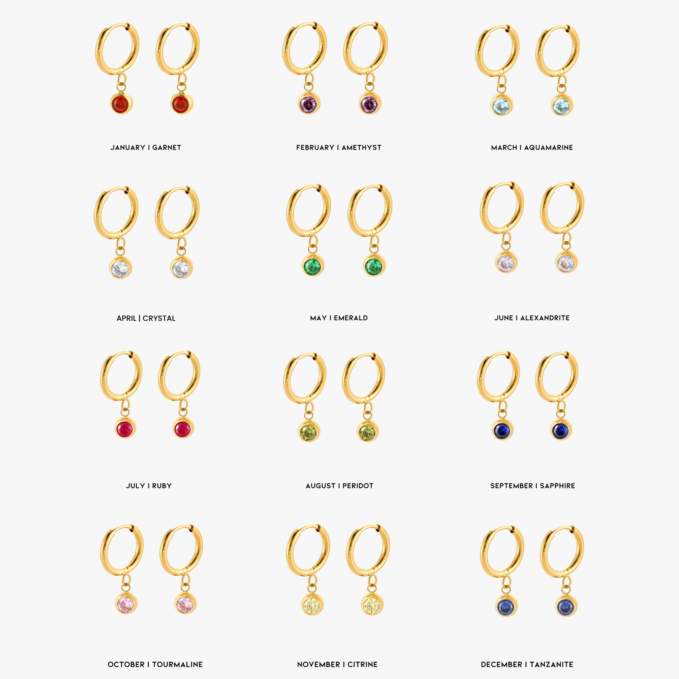 18K Gold Plated Birthstone Charm Huggie Hoop Earrings