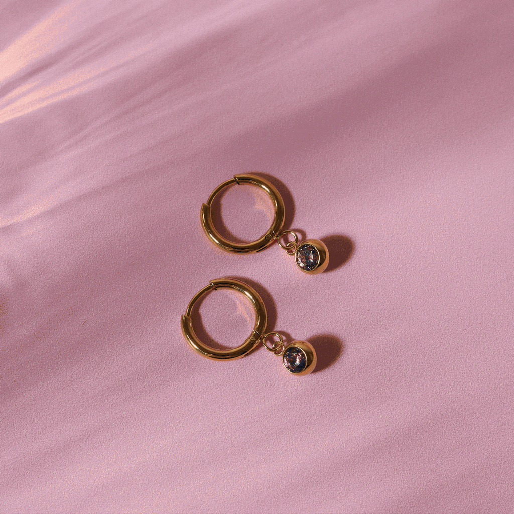 18K Gold Plated Birthstone Charm Huggie Hoop Earrings