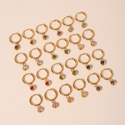 18K Gold Plated Birthstone Charm Huggie Hoop Earrings
