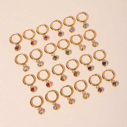 18K Gold Plated Birthstone Charm Huggie Hoop Earrings