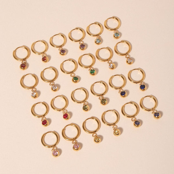 18K Gold Plated Birthstone Charm Huggie Hoop Earrings