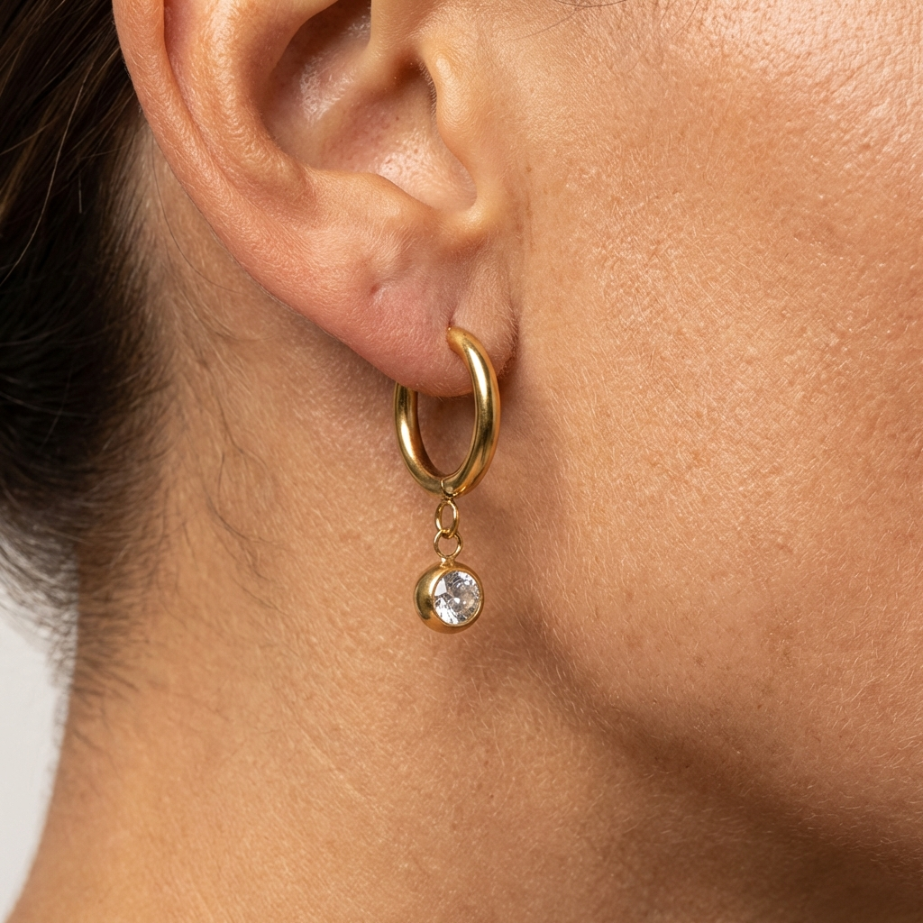 18K Gold Plated Birthstone Charm Huggie Hoop Earrings