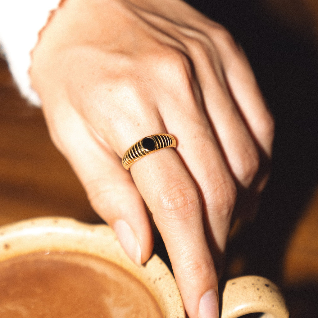 18K Gold Plated Seseh Black Onyx Band Ring
