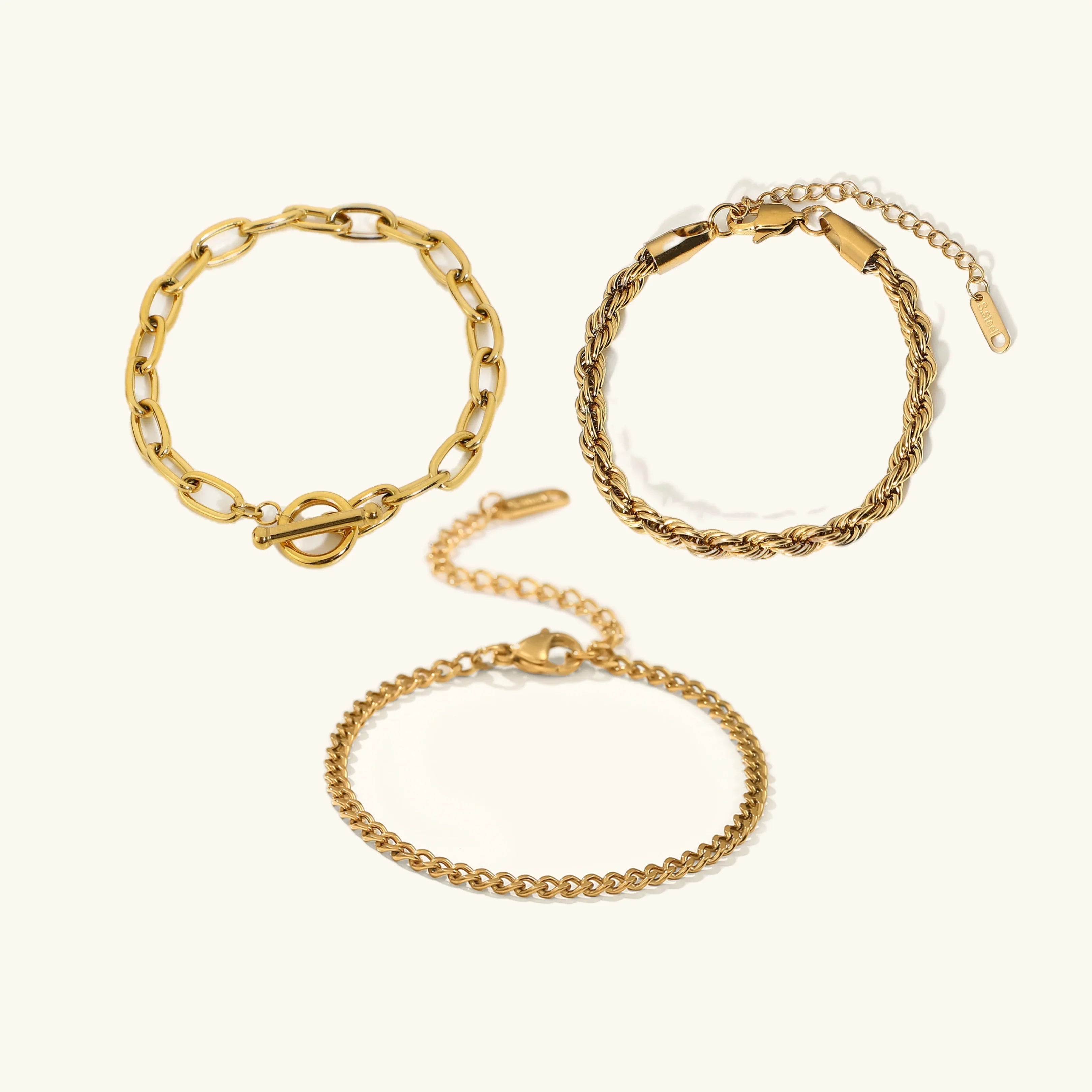Rope, Paperclip & Locket 3-Piece Bracelet Bundle Set