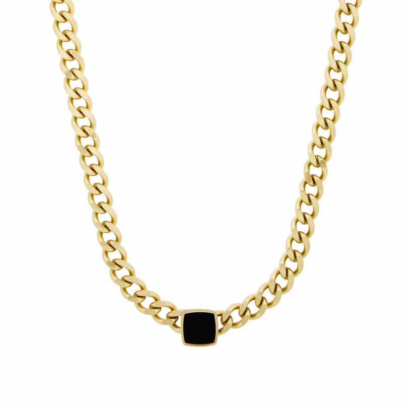 Square Onyx Stone Chain Necklace Gold Plated 18K