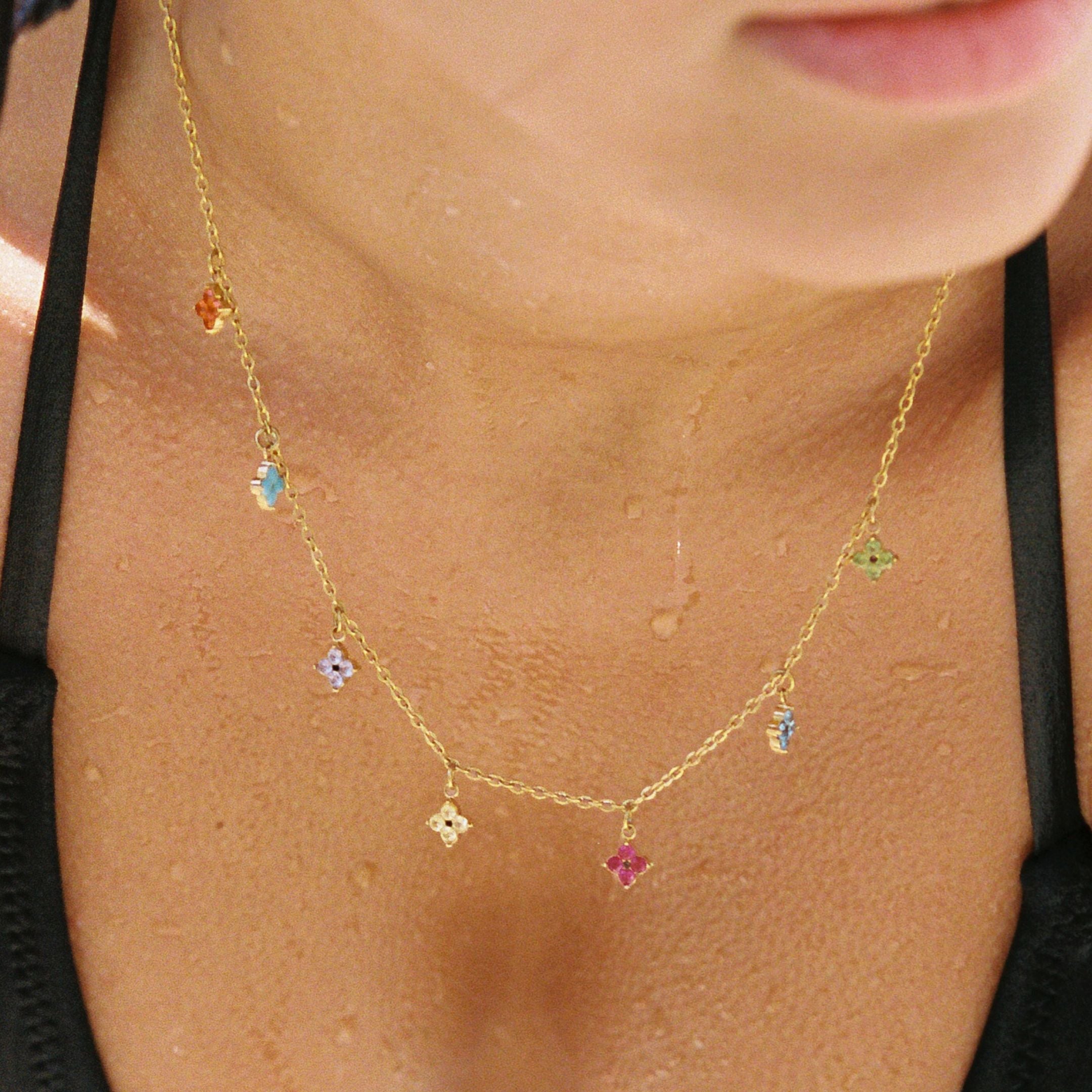 18K Gold Plated Colorful Floral Charm Choker Necklace