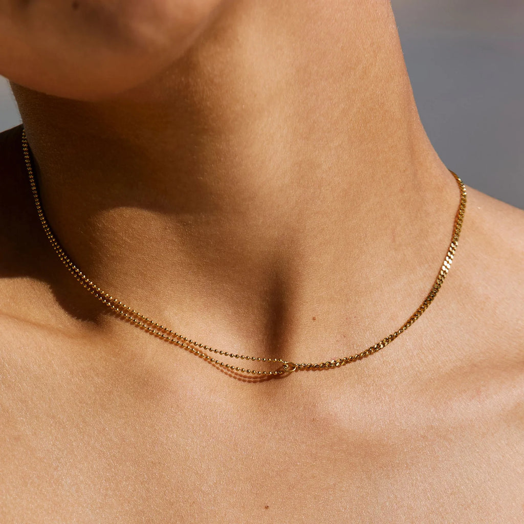 18K Gold Plated Double Chain Curb & Satellite Choker Necklace