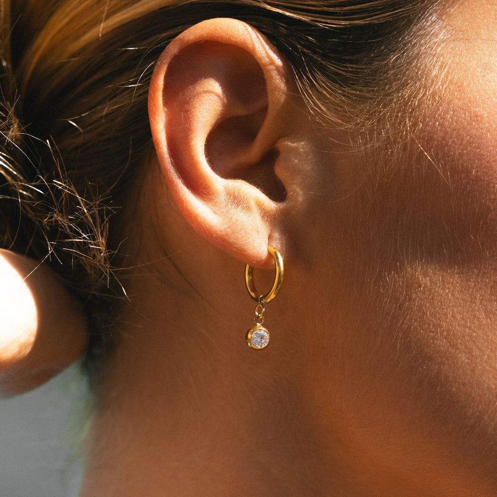 18K Gold Plated Birthstone Charm Huggie Hoop Earrings