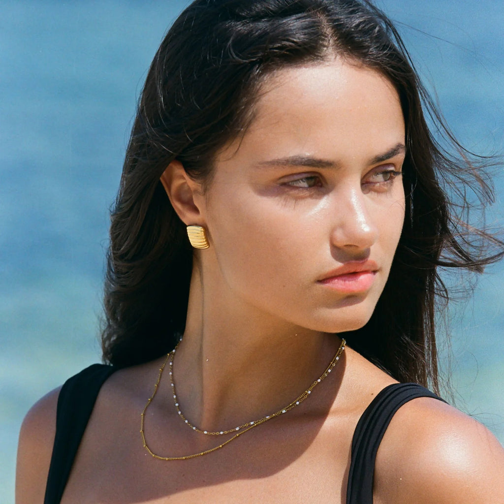 18K Gold Plated White Enamel & Satellite Chain Layered Necklace Set