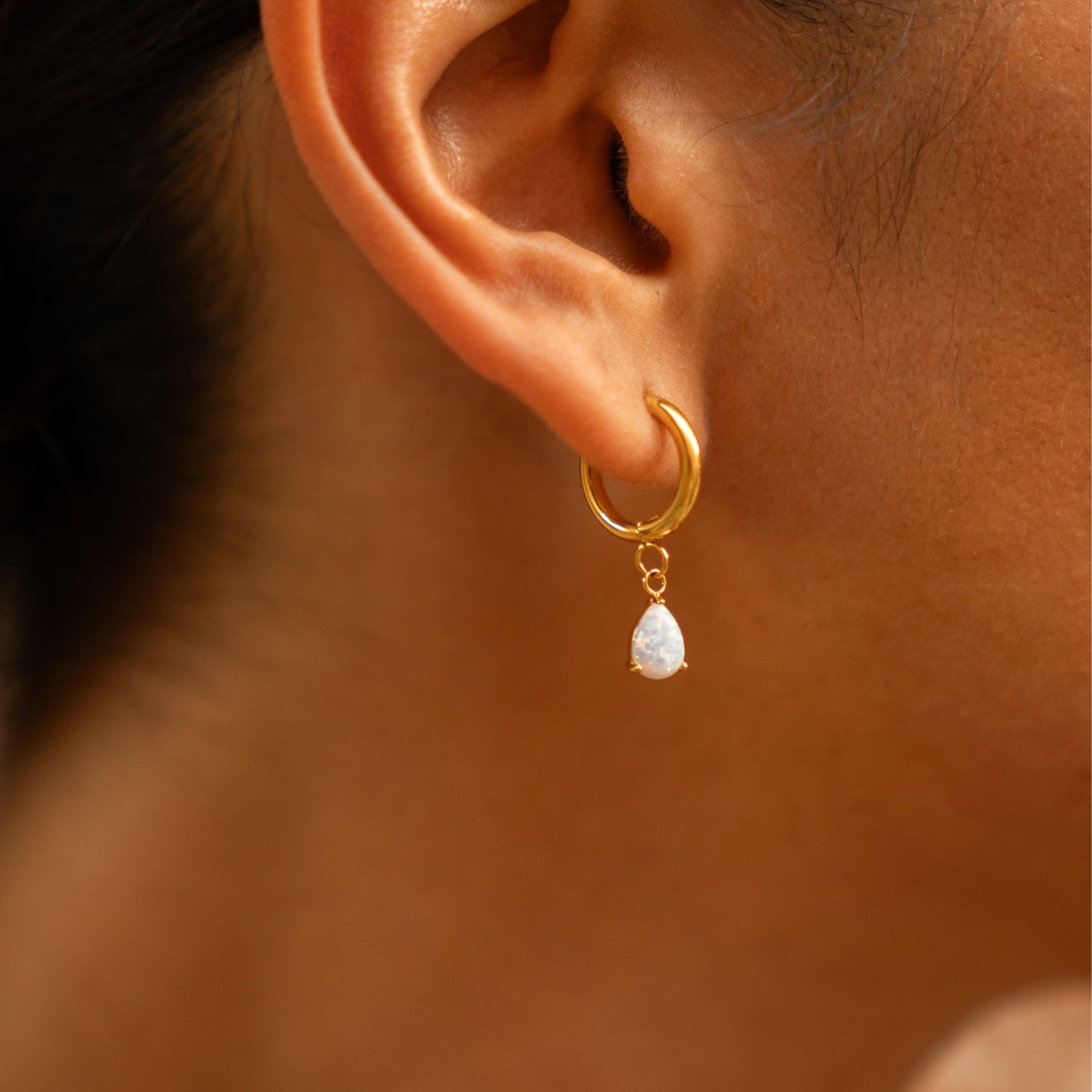 18K Gold Plated Opal Teardrop Drop Hoop Earrings
