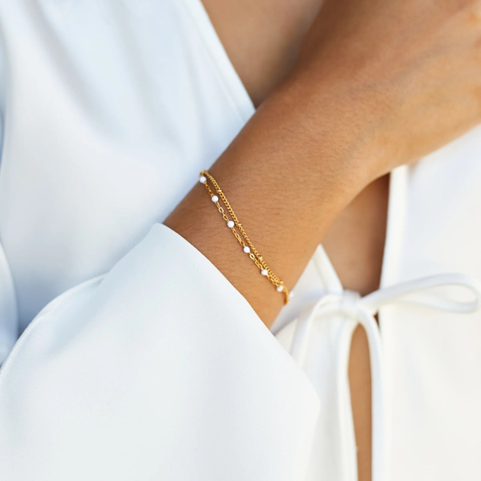 18K Gold Plated White Enamel Double Bracelet Set