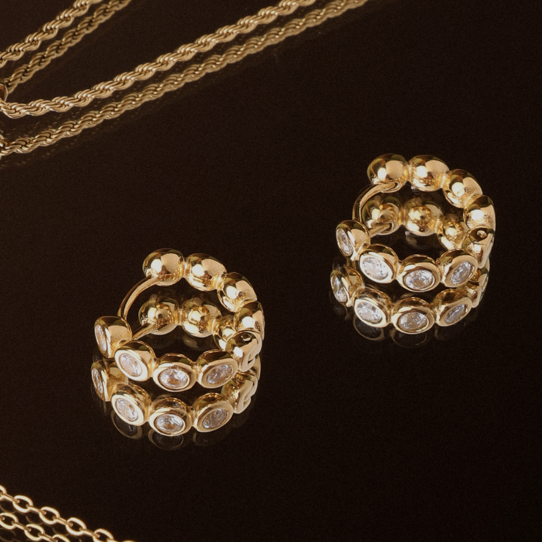 18K Gold Plated Beaded Diamond Gemstone Huggie Hoops