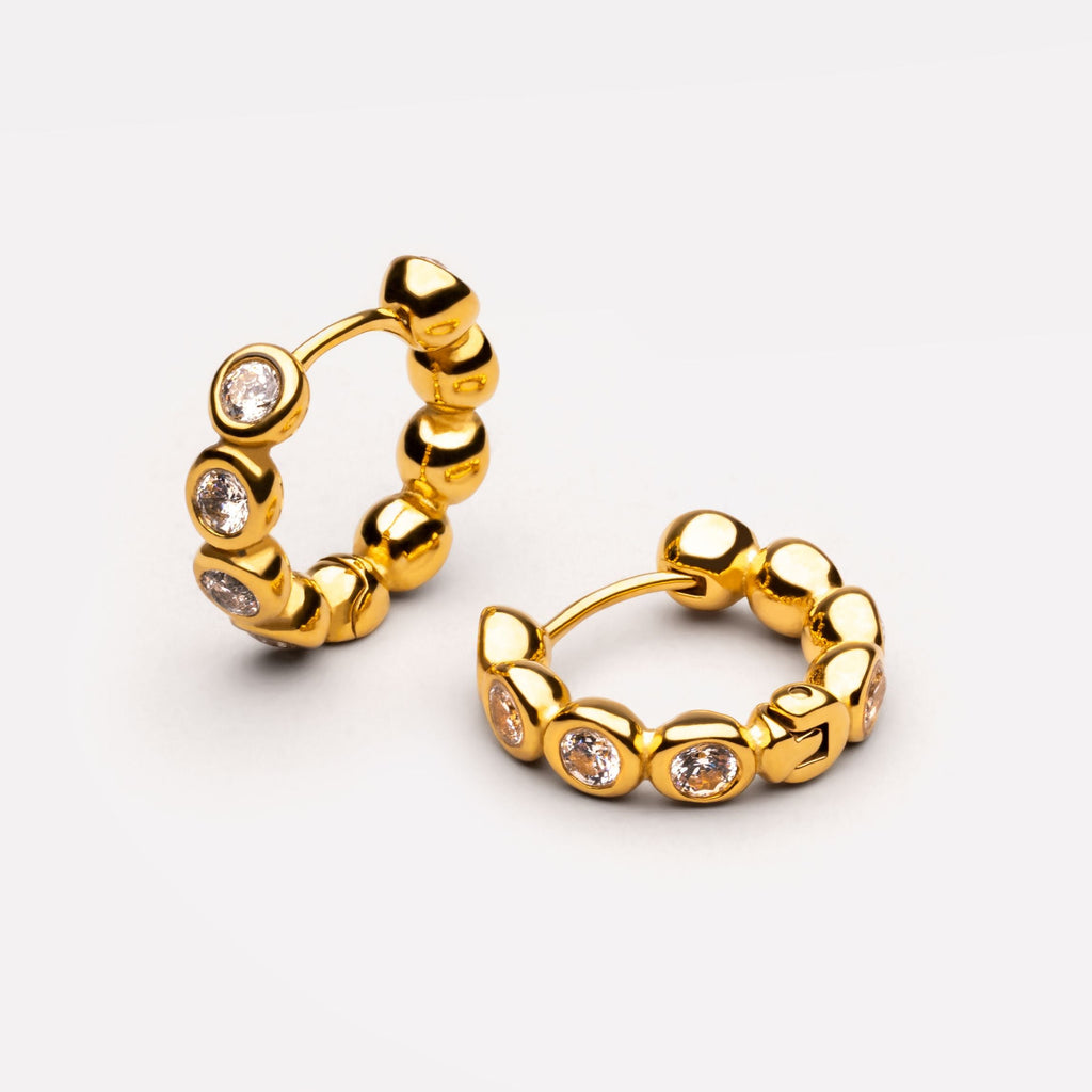 18K Gold Plated Beaded Diamond Gemstone Huggie Hoops